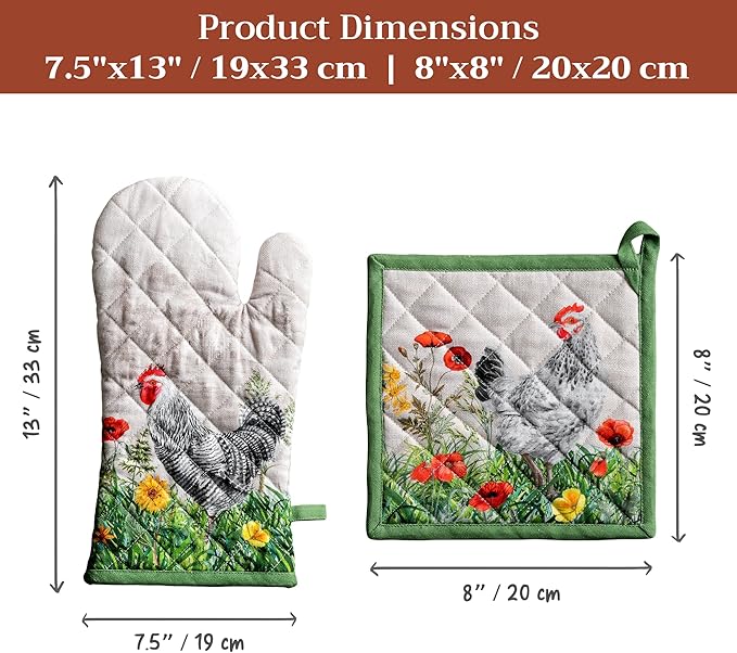 Maison d' Hermine 100% Cotton Oven Mitt & Pot Holder Set (7.5"x13" & 8"x8") Heat Resistant BBQ Cooking Gloves with Loop Baking Grilling Kitchen Hotel Home Farmhouse Spring Summer (Basse Cour)