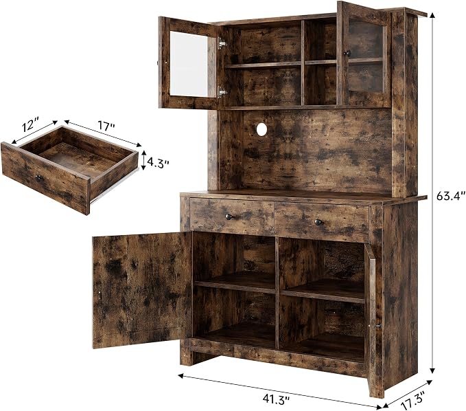 GarveeHome Kitchen Pantry Cabinet with Microwave Stand, Freestanding Hutch Cabinet with Buffet Cupboard, Tall Kitchen Cabinets with Adjustable Shelves for Dining Room, Brown