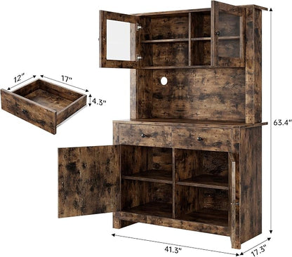 GarveeHome Kitchen Pantry Cabinet with Microwave Stand, Freestanding Hutch Cabinet with Buffet Cupboard, Tall Kitchen Cabinets with Adjustable Shelves for Dining Room, Brown