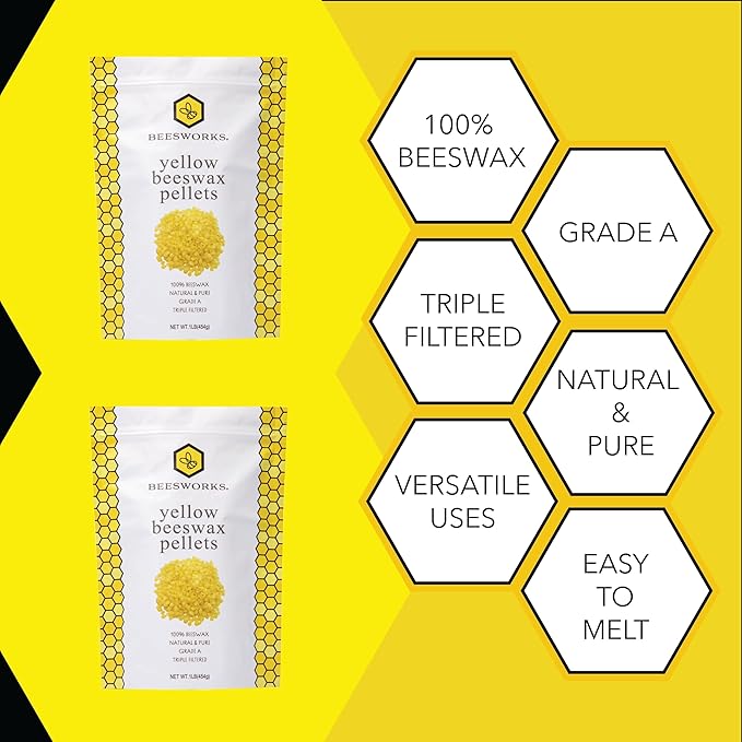 Beesworks Yellow Beeswax Pellets (1 lb) | 100% Pure, Cosmetic Grade, Triple-Filtered Beeswax for DIY Skin Care, Lip Balm, Lotion, and Candle Making (Pack of 2)