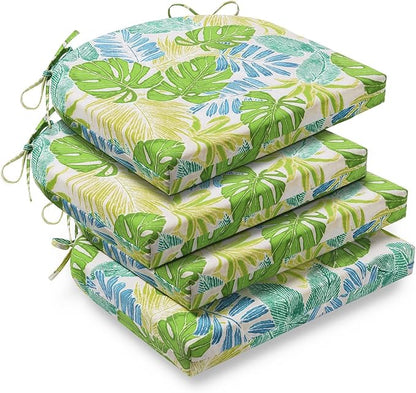 downluxe Outdoor Chair Cushions Set of 4 for Patio Furniture, Water-Resistant Patio Chair Cushions with Ties, High Density Foam Outdoor Seat Cushion, 17" X 16" X 2", Tropical Green Leaves