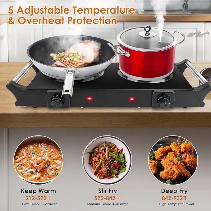 Electric Hot Plate for Cooking, 2000W Portable Cooking Stove Countertop Dual Burner Cooktop, Adjustable Temperature Control for All Cookwares Home Camp RV, Easy to Clean (Black)