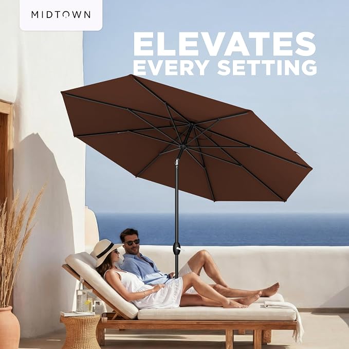 Midtown Umbrellas – The Lean 10 Ft Patio Umbrella with 10-Year-No-Fade Acrylast Acrylic Fabric, Auto-Tilt and 8 Reinforced Ribs for Deck, Pool, Garden, Hotel & Cafes – Cedar Wood Canopy, Black Pole