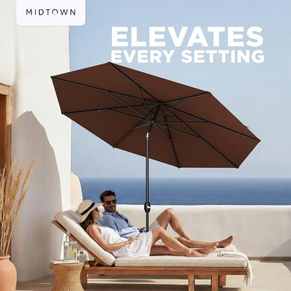 Midtown Umbrellas – The Lean 10 Ft Patio Umbrella with 10-Year-No-Fade Acrylast Acrylic Fabric, Auto-Tilt and 8 Reinforced Ribs for Deck, Pool, Garden, Hotel & Cafes – Cedar Wood Canopy, Black Pole