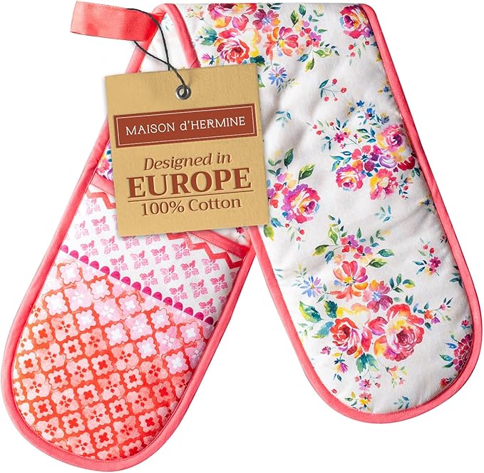Maison d' Hermine Double Oven Mitts 100% Cotton 7"x35" Double Oven Mitt Heat Resistant BBQ Cooking Gloves with Loop Baking Grilling Kitchen Hotel Home Farmhouse Spring Summer (Rose Garden)