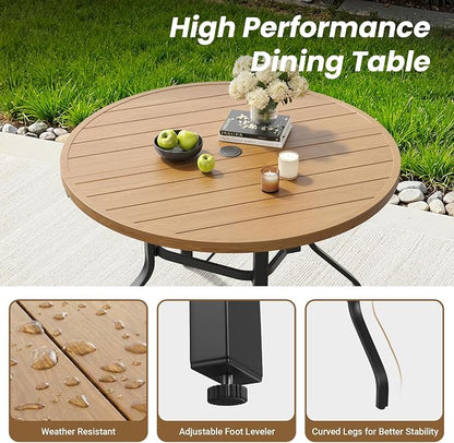 Round Outdoor Dining Table 41" with 1.57" Umbrella Hole | with Umbrella Hole, Wood-like Table Top, Water-resistant, Easy to Clean, Patio table for Backyard, Poolside