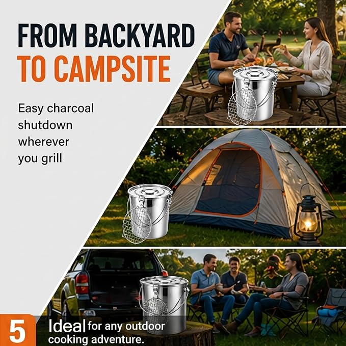 4 Pcs Charcoal Saver Extinguishing Bucket Set for Ash Collection | Heavy Duty Stainless Steel with Lockable Lid, 3 Gallon Capacity for Hot Charcoal, Grills, Campfires and Wood Burning Stoves