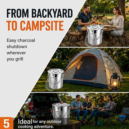 4 Pcs Charcoal Saver Extinguishing Bucket Set for Ash Collection | Heavy Duty Stainless Steel with Lockable Lid, 3 Gallon Capacity for Hot Charcoal, Grills, Campfires and Wood Burning Stoves