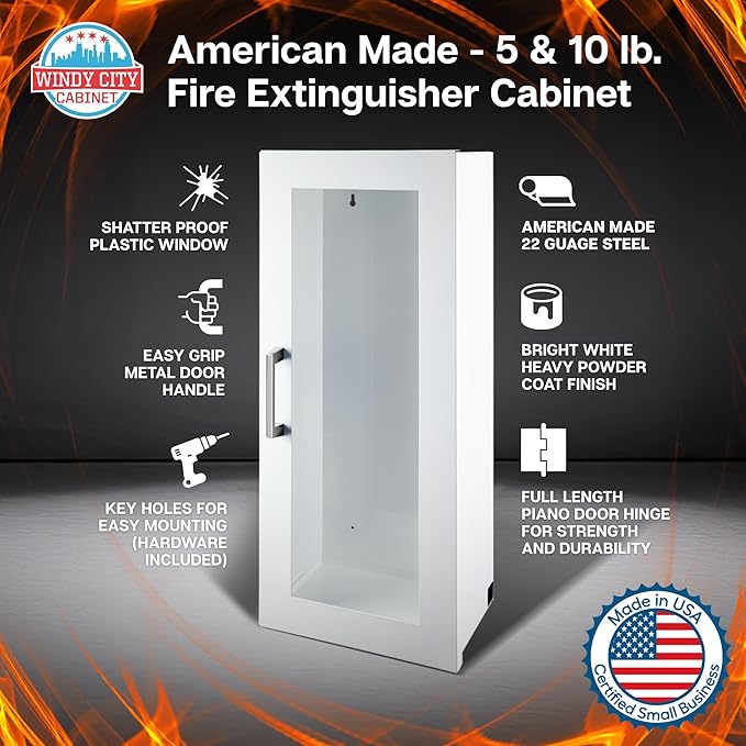 Fire Extinguisher Mount for Wall & Surface - 22 Gauge Steel, USA Made - Fire Extinguisher Cabinet Storage w/Metal Handle - Indoor & Outdoor Use - 24.5H x 9.25W x 6.5D - White