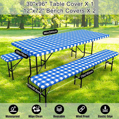 Smiry Picnic Table Cover with Bench Covers, Waterproof Elastic Fitted Tablecloths for 8 Foot Rectangle Tables, Washable Buffalo Plaid Tablecloth for Camping, Outdoor (Blue & White, 30"x96")