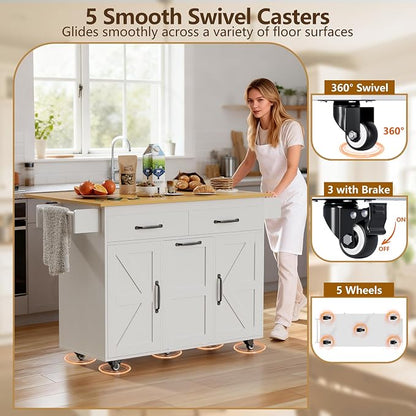 YESHOMY Kitchen Island on Wheels with Trash Cabinet, White & Brown | 56" Mobile Cart with Drop Leaf and Drawers, Rolling Portable Table with Spice Rack & Towel Holder for Dining Room