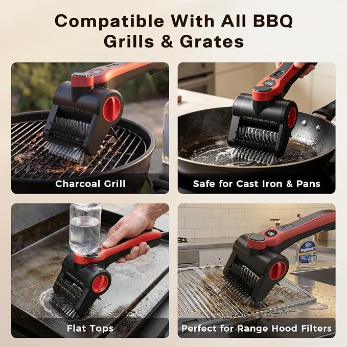 Electric Grill Brush with Water Spray System, Cordless BBQ Grill Cleaner, Rechargeable Power Scrubber for Gas, Charcoal & Pellet Grills, IPX8 Waterproof Grill Cleaning Brush with Scraper & Case