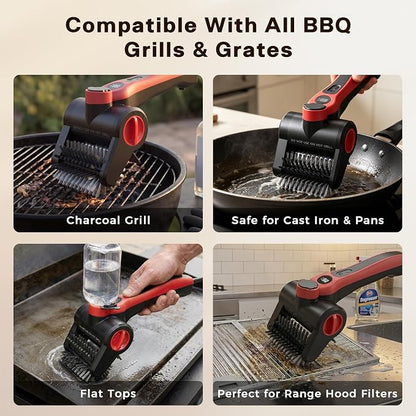 Electric Grill Brush with Water Spray System, Cordless BBQ Grill Cleaner, Rechargeable Power Scrubber for Gas, Charcoal & Pellet Grills, IPX8 Waterproof Grill Cleaning Brush with Scraper & Case
