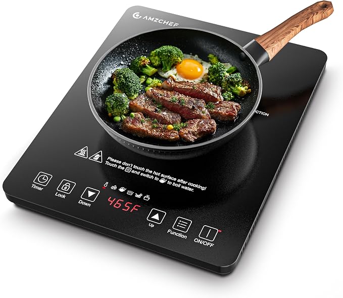 AMZCHEF Portable Induction Cooktop, 20 Temperature & Power Levels, 1800W Induction Stove Burner with 6.8" Heating Coil, Low Noise Hot Plate, Single Electric Cooktops, 120°F to 465°F, 4 Hour Timer
