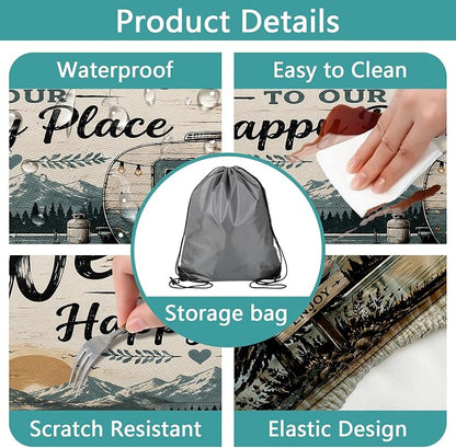 Picnic Table Cover with Bench Covers and Bag, Camping Essentials, Vintage Camper Waterproof Windproof Fitted Camping Tablecloths with Elastic Edges for Indoor, Outdoor & Garden, 3 Pcs Set 30x72 Inch