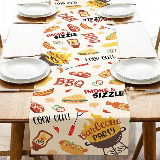 Barbecue Dining Table Runner, Summer BBQ Grill Tools Hot Dog Steak Sauce Burlap Kitchen Decoration, Cook Out Smoke Sizzle Indoor Outdoor Home Decor Party Supply 13 x 72 Inches
