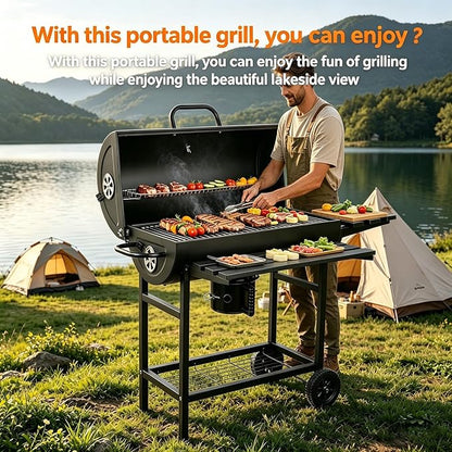 Charcoal Grill: Charcoal Barrel Grill - Large Portable Outdoor Grill with Double Wheel Design, Suitable for Outdoor, Backyard, and Camping Use (Larger)