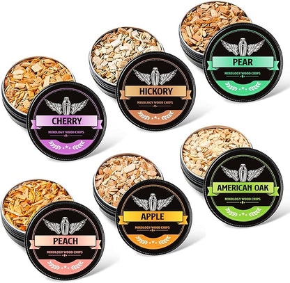 INSISART Whiskey Smoker Wood Chips, 6 Flavors Apple Cherry Oak Pear Peach Hickory, Natural Chips for Cocktails, Old Fashioned, Bourbon, Drinks, Food,Bar Accessory Gift for Men