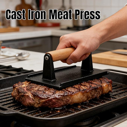 2Packs Cast Iron Smashed Burger Press,6.7" Round/8.3" Rectangular Grill Press with Wooden Handle,Heavy-Duty Flat Edge Burger Tool for Crispy Smash Burgers,BBQ & Griddle Accessories (Round+Rectangular)