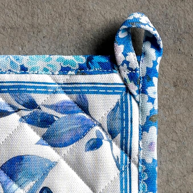 Maison d' Hermine Pot Holders 100% Cotton Heat Resistant Potholders 8" x 8" Hot Pads with Loop BBQ Cooking Baking Hotel Farmhouse Kitchen Handling Hot Pans Spring Summer (Pack of 1, Summer Blues)