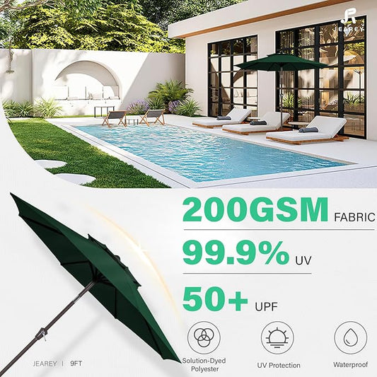 JEAREY 9' 2-Tiers Patio Umbrellas Outdoor Table Market Umbrella w/Push Button Tilt/Crank, 8 Sturdy Ribs, UV Protection Waterproof Sunproof(Dark Green)