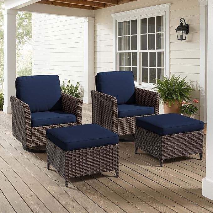 4 Pieces Patio Furniture Set, 2 High Back Swivel Chairs & 2 Ottomans, All-Weather PE Wicker Furniture with Waterproof Cushions for Deck, Garden, Porch