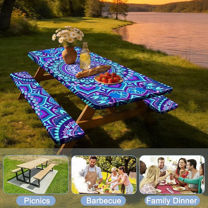 3 Piece Picnic Table Cover with Bench Covers, Camping Essentials | 72 inch Waterproof, Windproof Camping Tablecloth, Built-in Pockets, Elastic Edges, Machine Wash for Camping, BBQ, RV, Adults