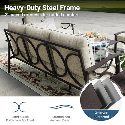 RoyalCraft Outdoor Patio Furniture Set, 3 Pieces Metal Patio Conversation Set with Side Table for Porch Garden Backyard, Beige
