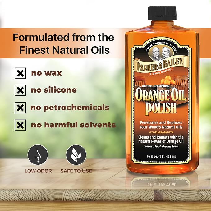 Parker & Bailey Orange Oil Polish, Natural Orange Scented Furniture Cleaner & Wood Table Cleaner, Cleans, Renews & Restores a Finish for Wood, Protects from Drying or Cracking, Shiny Finish, 16 oz