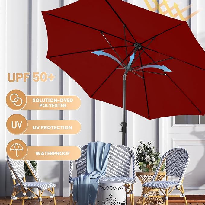 Ayge Patio Umbrella 9 FT Outdoor Table Umbrella Fiberglass for poolside red | Fiberglass frame, 8 ribs, tilt & crank. UPF50+ waterproof canopy. Wind-resistant. For outdoor table, patio, backyard.