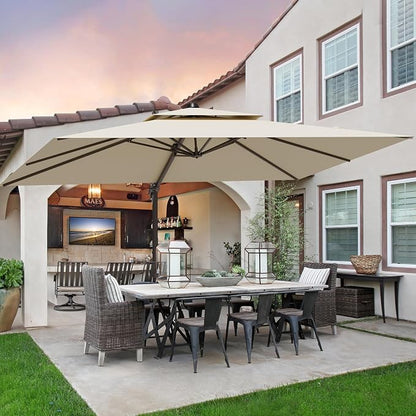10x13FT Beige Cantilever Outdoor Patio Umbrella with Base, Large Rectangular Offset Design, Double Top Heavy Duty Aluminum Frame & 360° Rotation for Pool Garden Deck Backyard