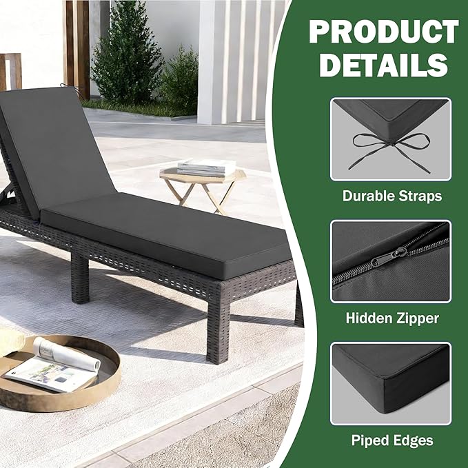 2 Pcs Chaise Lounge Cushions Outdoor Set of 2, 72x 21x 3 Inch Waterproof & Fade-Resistant Lounge Chair Cushion, Outdoor Chaise Cushion with Ties for Lawn, Patio, Pool & Beach, Dark Grey