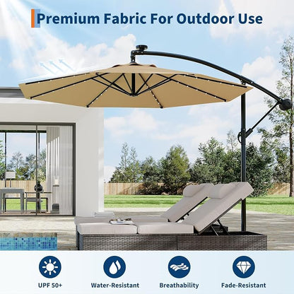 Garvee 10FT Solar Lights Offset Patio Umbrella with Cross Base, Tan | Cantilever Umbrella with Easy Lift & Tilt Adjustment, 8 Ribs Sun umbrella UV Protection for Backyard, Pool, Garden