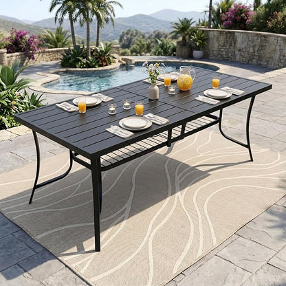 77" Extra Large Outdoor Metal Dining Table, Rectangular Wrought Iron Patio Table for 8 People, Weather-Resistant Steel Slatted Table with Umbrella Hole for Party & Backyard