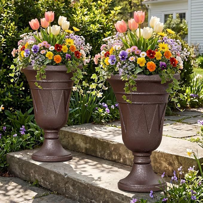 24"Tall Urn Planters for Outdoor Plants, Urns and Pedestal Set of 2 | Resin HDPE Weather-Resistant Material, Vintage Trophy Design Outdoor Planters with Drainage Holes, Flower Pot/Vase/Porch Door