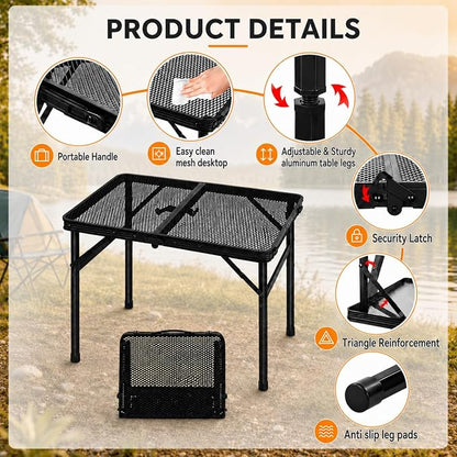Folding Grill Table Camping Table with Mesh Desktop, Lightweight & Portable Outdoor Picnic Table, Height Adjustable Portable for Outside Inside Use