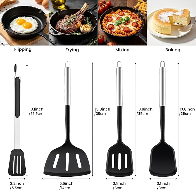 Silicone Spatula Set for Cooking BBQ with 12" Grill Tongs Large Turner-4Pcs | Wide Pancake Steak Burger Spatulas, Heat Resistant Scratch-Free Kitchen Griddle Utensils Barbecue Tools for Nonstick Cookware