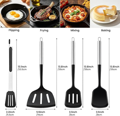 Silicone Spatula Set for Cooking BBQ with 12" Grill Tongs Large Turner-4Pcs | Wide Pancake Steak Burger Spatulas, Heat Resistant Scratch-Free Kitchen Griddle Utensils Barbecue Tools for Nonstick Cookware