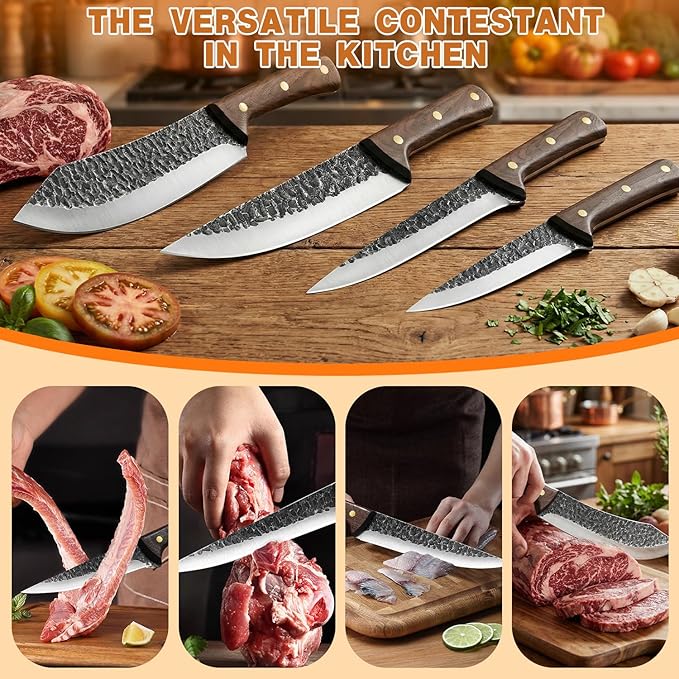 MDHAND Butcher Knife Set, Ultra Sharp Hand Forged Meat Cleaver & Brisket Knives & Boning Knife Set With Leather Sheath, High Carbon Steel Kitchen Knife Set for Outdoor & BBQ, Gifts for Men Women
