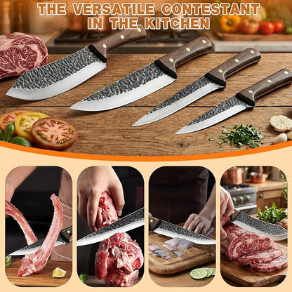 MDHAND Butcher Knife Set, Ultra Sharp Hand Forged Meat Cleaver & Brisket Knives & Boning Knife Set With Leather Sheath, High Carbon Steel Kitchen Knife Set for Outdoor & BBQ, Gifts for Men Women