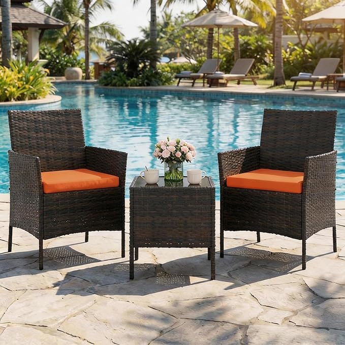 3-Piece Outdoor Furniture Set, PE Rattan Wicker Chairs with Soft Cushions & Tempered Glass Coffee Table - All-Weather Patio Set for Garden, Backyard, Porch, Poolside (Brown/Orange)