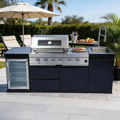 85-Inch 4-Burner Natural Gas Outdoor Kitchen Grill Island - 72000 BTU Stainless Steel BBQ, Refrigerator, Rotisserie, Stainless Countertops, Soft-Close Storage, For Patio, Lawn, Backyard, Black