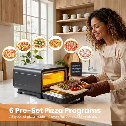 DUMOS Pizza Oven Indoor, 1600W Electric Pizza Maker Fast Heating, 6 Presets for 12 Inches Pizzas, with Stone & Spatula, Upper-Bottom Independent Heating Temperature Control