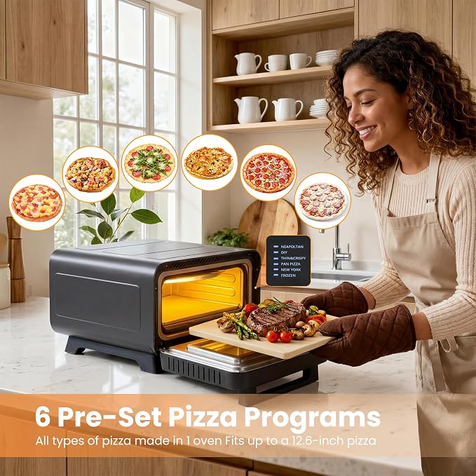 DUMOS Pizza Oven Indoor, 1600W Electric Pizza Maker Fast Heating, 6 Presets for 12 Inches Pizzas, with Stone & Spatula, Upper-Bottom Independent Heating Temperature Control
