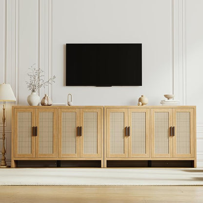 Rattan Buffet Cabinet with Storage, Sideboard Cabinet with Doors and Adjustable Shelves, Farmhouse Coffee Bar Station Table, Modern Wood Cupboard for Kitchen, Livingroom and Dining Room