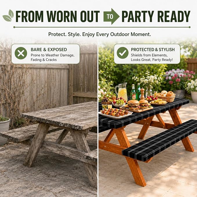 Emwwat Picnic Table Cover with Bench Covers, Waterproof Elastic Corner Fitted Tablecloth for 6 Foot Rectangle Tables, Washable Camping Table Cover Set for Picnic Outdoor BBQ (Black, 72in)