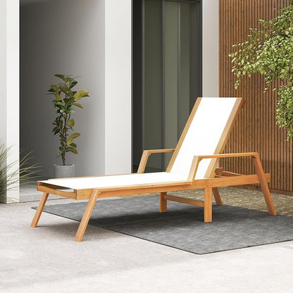 Tangkula Wood Chaise Lounge Chair Outdoor, Patio Sun Lounger with Adjustable Back, Acacia Wood Lounge Chair with Breathable Fabric for Poolside Lawn Backyard