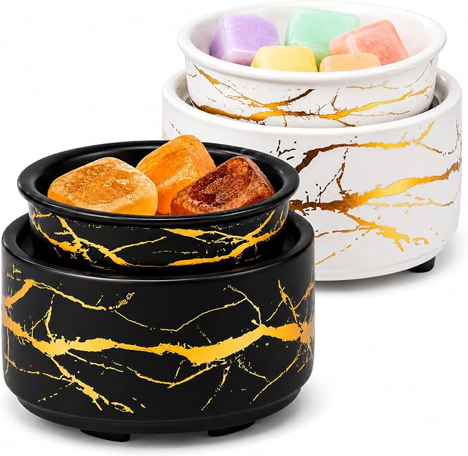 PALANCHY Electric Wax Melt Warmer for Scented Wax, Wax Warmer Set of 2 | Glazed Ceramic Wax Melter Black & White, 3-in-1 Candle Wax Melts Warmer Oil Burner for Aromatherapy. 4 x 4 x 3.5 ins, 17W