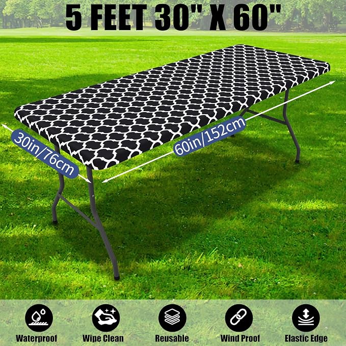 Smiry 2 Pack Rectangle Table Cloth 5 Foot, Waterproof Elastic Fitted Tablecloths, Windproof Washable Polyester Table Cover for Picnic, Camping, Outdoor (Black, 30"x60")