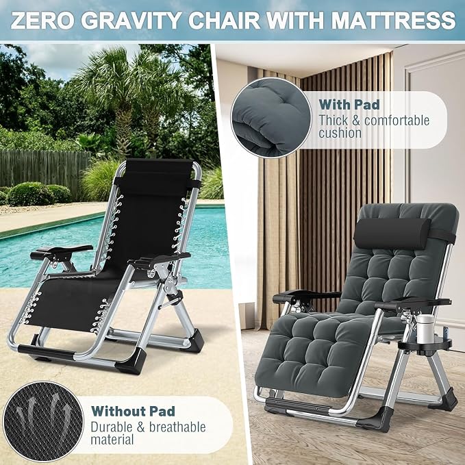 ABORON Zero Gravity Chair, Adjustable Outdoor Recliner with Removable Cushion, Headrest & Side Tray, Folding Lounge Chair for Patio, Lawn, Poolside & Camping